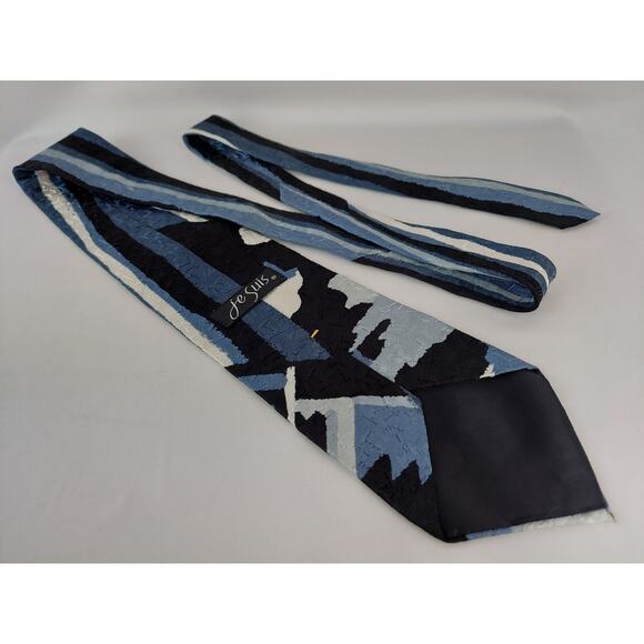 Vintage Je Suis Abstract Art Design Tie Blue White 100% Silk - Picture 4 of 6